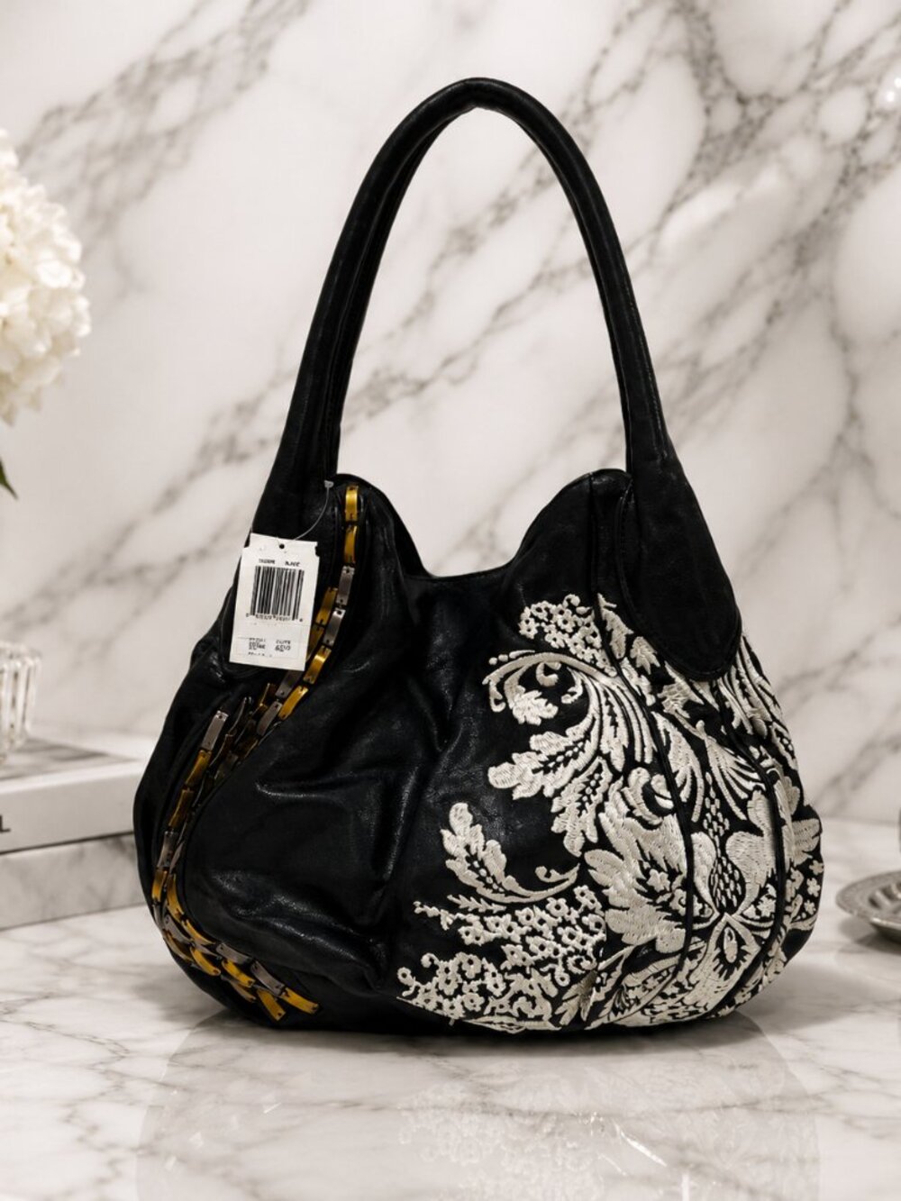Isabella Fiore Camilla Rania Embroidered Damask Black Leather Hobo Bag